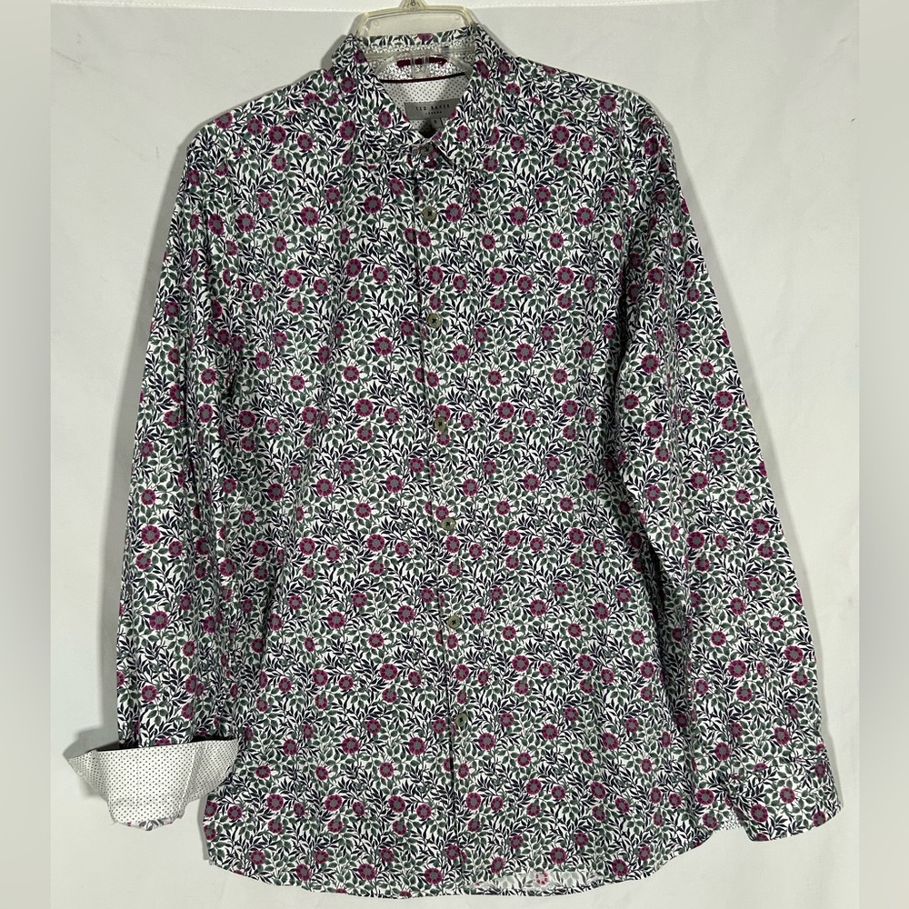 TED BAKER LONDON DESIGNER FLORAL FLIP CUFF CONTRASTING TRIM DRESS SHIRT MENS 5
